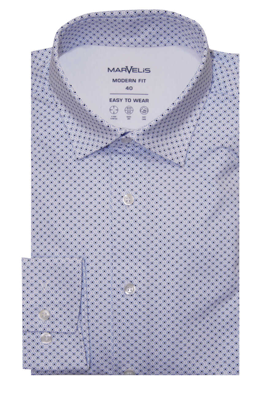 MARVELIS Modern Fit Hemd Langarm Haifischkragen Stretch Jersey Muster weiß