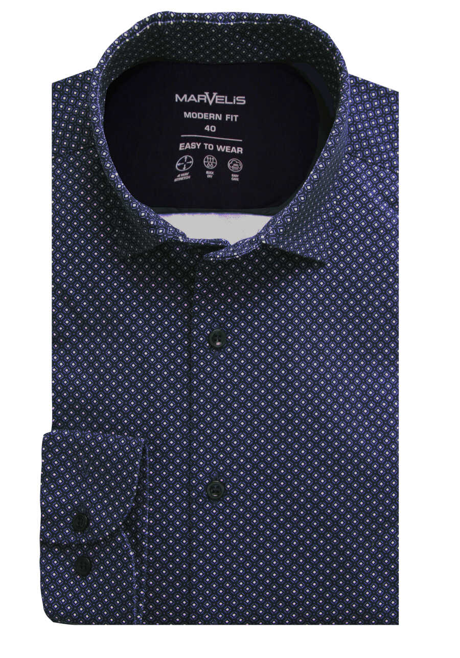 MARVELIS Modern Fit Hemd extra langer Arm Haifischkragen Stretch Jersey Muster nachtblau