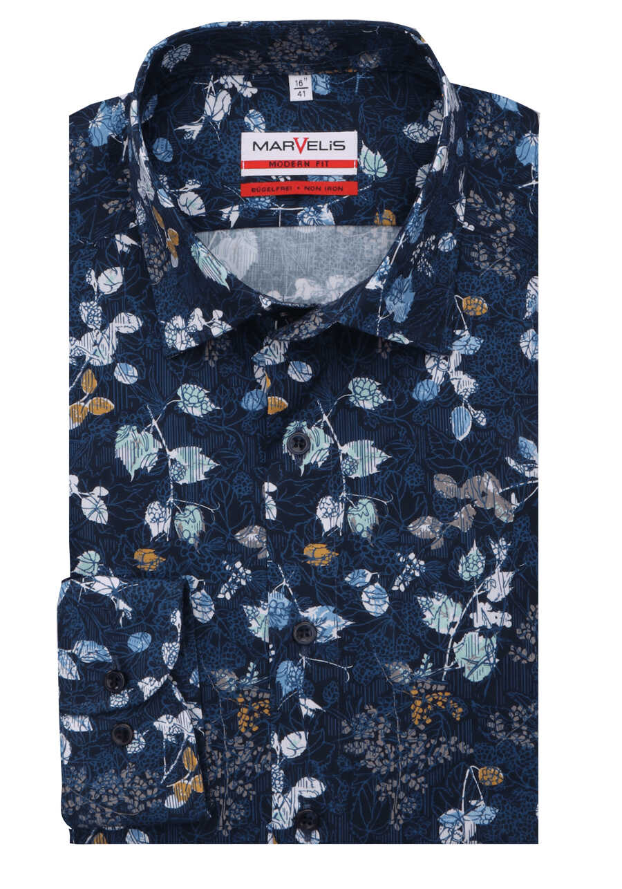 MARVLIS Modern Fit Hemd extra langer Arm New Kent Kragen Muster blau