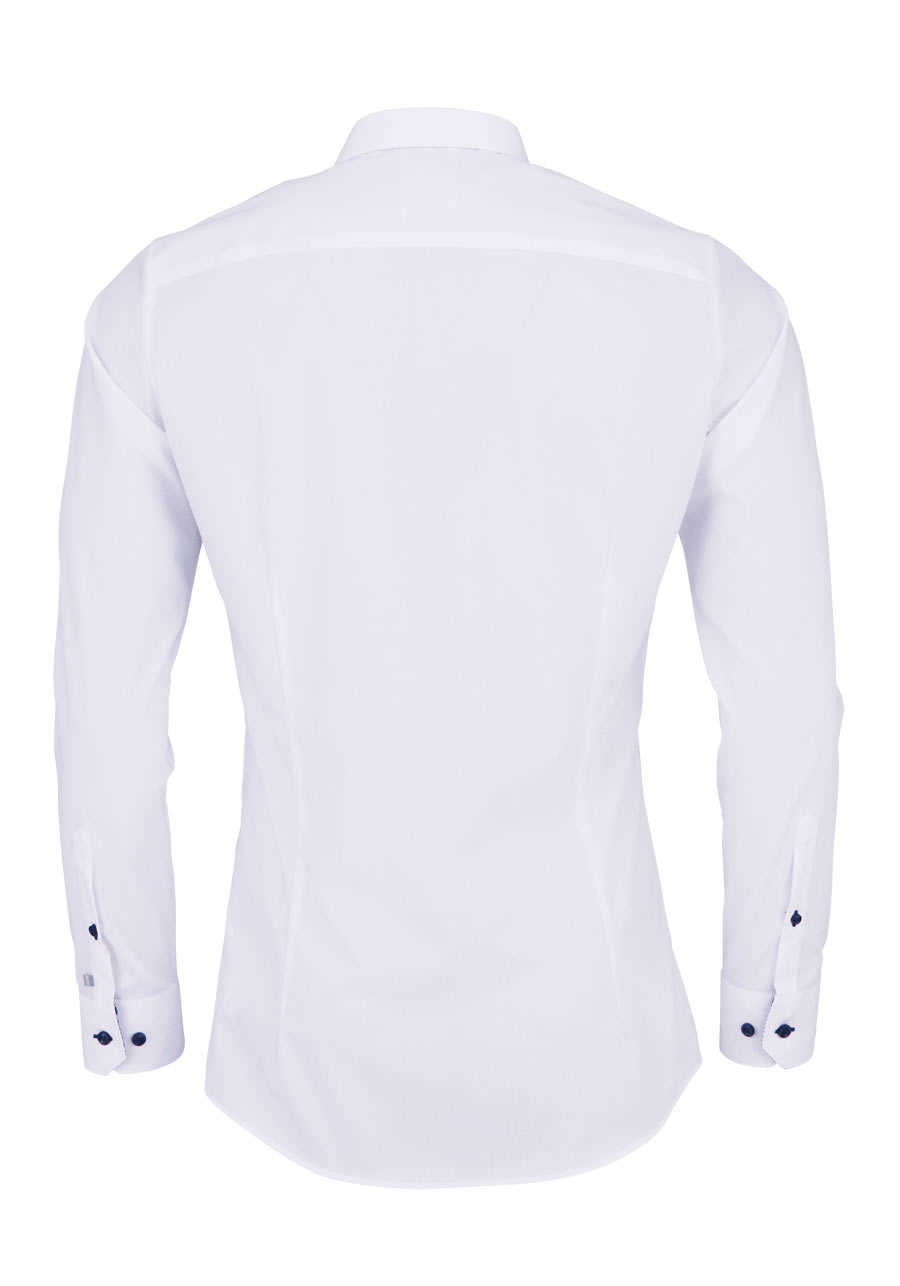 PURE Extra Slim Hemd extra langer Arm blauem Besatz Stretch weiß