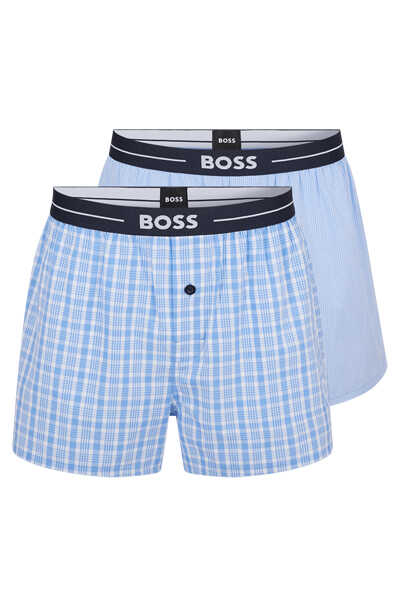 BOSS Boxershorts Web Gummibund Label Doppelpack Uni/Karo hellblau