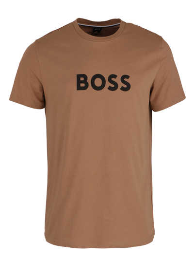 BOSS Kurzarm T-Shirt T-SHIRT RN Rundhals Front-Logo-Print mittelbraun preisreduziert