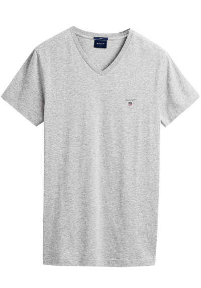 GANT Halbarm T-Shirt V-Ausschnitt Slim Fit Baumwolle Logo-Stick mittelgrau