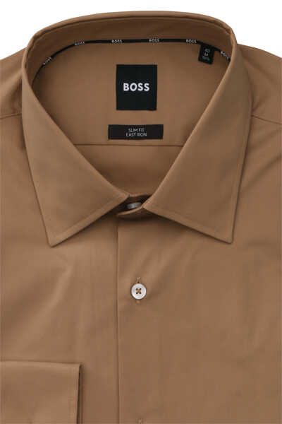 BOSS Slim Fit Hemd H-HANK Langarm New Kent Kragen beige