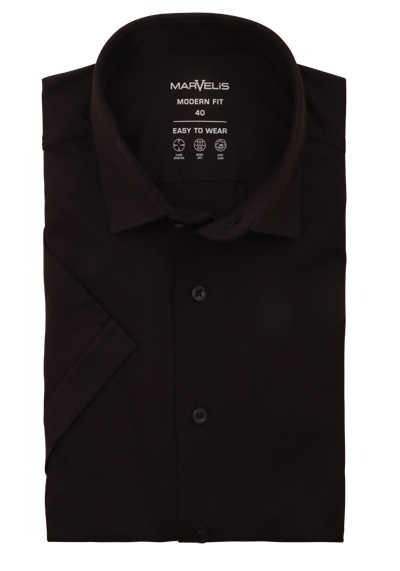 MARVELIS Modern Fit Hemd Halbarm New Kent Kragen Jersey schwarz