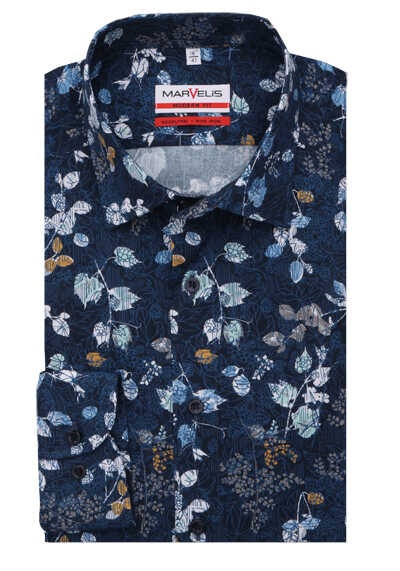 MARVLIS Modern Fit Hemd Langarm New Kent Kragen Muster blau