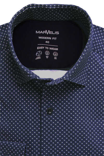 MARVELIS Modern Fit Hemd extra langer Arm Haifischkragen Stretch Jersey Muster nachtblau