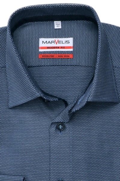MARVELIS Modern Fit Hemd extra langer Arm Haifischkragen Muster navy