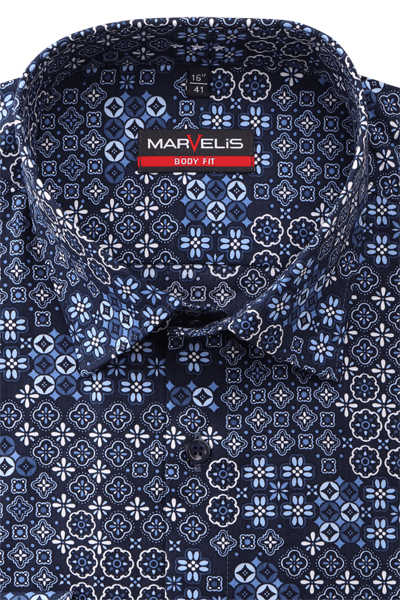 MARVELIS Body Fit Hemd Langarm New Kent Kragen Muster blau
