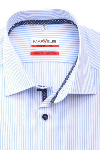 MARVELIS Modern Fit Hemd extra langer Arm New Kent Kragen Streifen hellblau