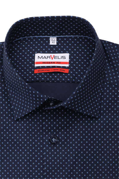 MARVELIS Modern Fit Hemd Langarm Haifischkragen Muster blau