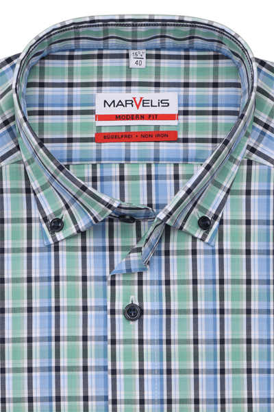 MARVELIS Modern Fit Hemd Langarm Button Down Kragen Karo blau/grün