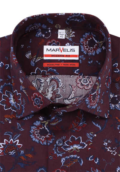 MARVELIS Modern Fit Hemd Langarm Haifischkragen Muster rot