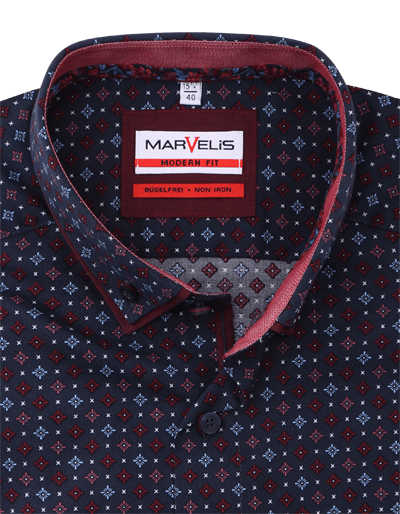 MARVELIS Modern Fit Hemd Langarm Button Down Kragen Muster navy