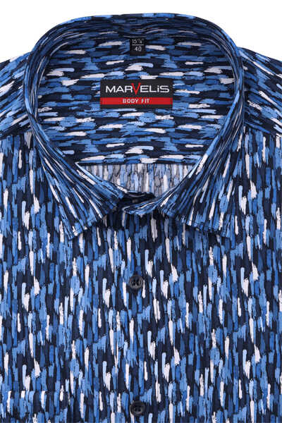 MARVELIS Body Fit Hemd extra langer Arm New Kent Kragen Muster blau
