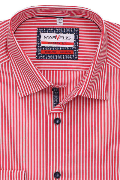 MARVELIS Modern Fit Hemd extra langer Arm New Kent Kragen Streifen rot