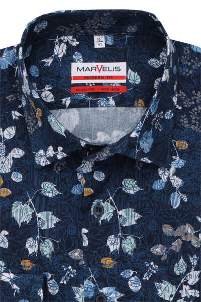 MARVLIS Modern Fit Hemd Langarm New Kent Kragen Muster blau