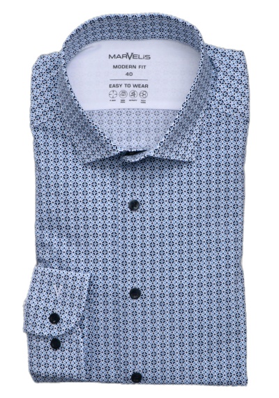 MARVELIS Modern Fit Hemd Langarm New Kent Kragen Stretch Muster blau