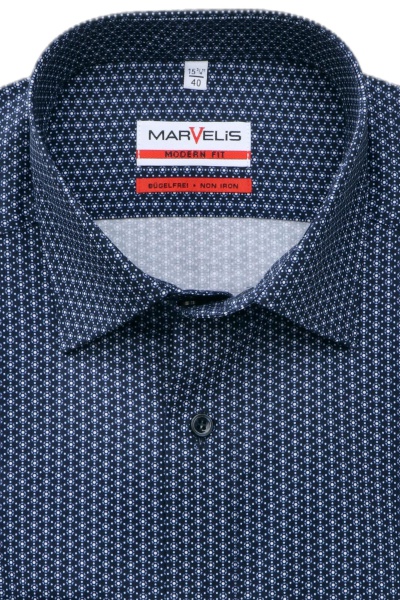 MARVELIS Modern Fit Hemd Langarm New Kent Kragen Muster dunkelblau