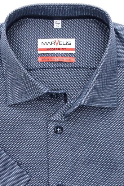 MARVELIS Modern Fit Hemd Halbarm New Kent Kragen Muster dunkelblau