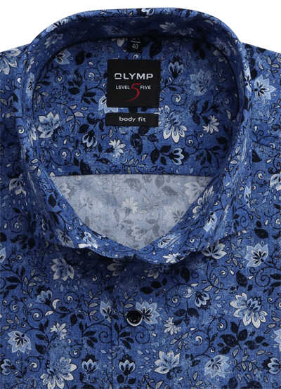 OLYMP Level Five body fit Herrenhemd extra langer Arm Haifischkragen florales Muster dunkelblau
