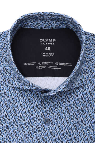 OLYMP Level Five 24/Seven body fit Hemd Langarm Haifischkragen Jersey Muster blau