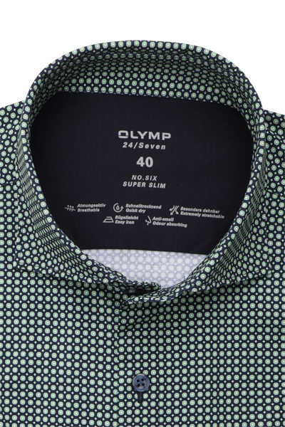 OLYMP No. Six 24/Seven super slim GREEN CHOICE Hemd extra langer Arm Haifischkragen Punkte grün/blau