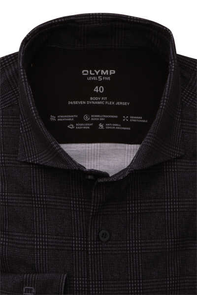 OLYMP Level Five 24/Seven body fit Hemd extra langer Arm Jersey Karo schwarz