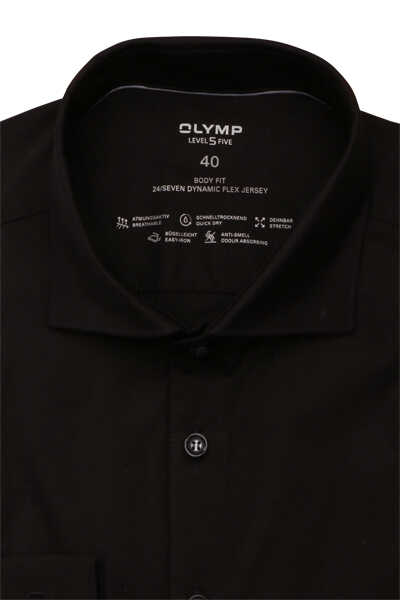 OLYMP Level Five 24/Seven body fit Hemd Langarm Haifischkragen Jersey schwarz