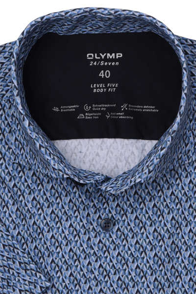 OLYMP Level Five 24/Seven body fit Hemd Halbarm Haifischkragen Jersey Muster blau