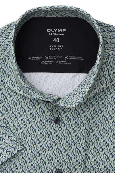 OLYMP Level Five 24/Seven body fit Hemd Halbarm Haifischkragen Jersey Muster grün