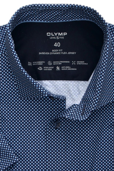 OLYMP Level Five 24/Seven body fit Hemd Halbarm New Kent Kragen Jersey Muster blau