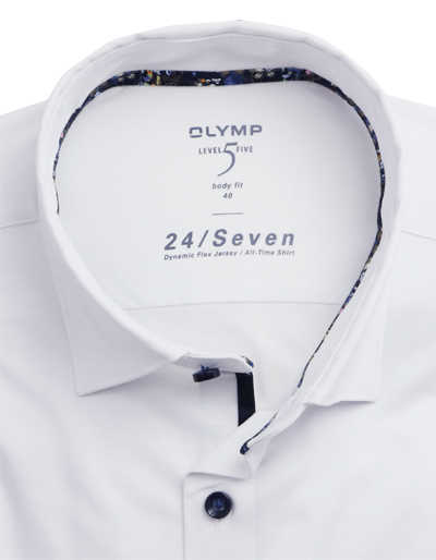 OLMYP Level Five 24/Seven body fit Herrenhemd Langarm Haifischkragen Struktur weiß
