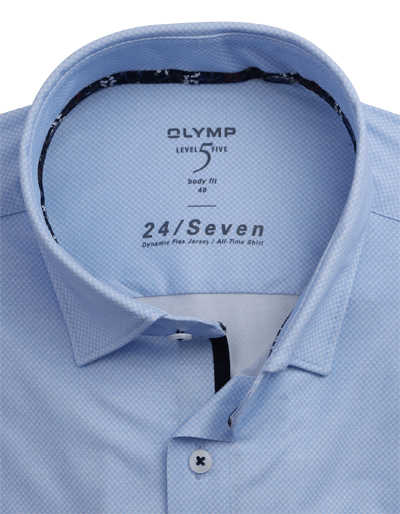 OLMYP Level Five 24/Seven body fit Herrenhemd Langarm Haifischkragen Struktur hellblau