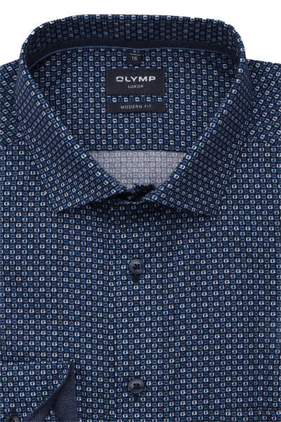 OLYMP Luxor modern fit Hemd Langarm New Kent Kragen Muster dunkelblau