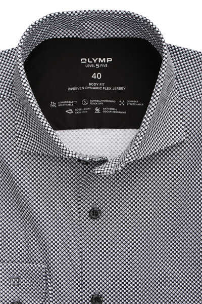OLYMP Level Five 24/Seven body fit Hemd Langarm Haifischkragen Muster schwarz