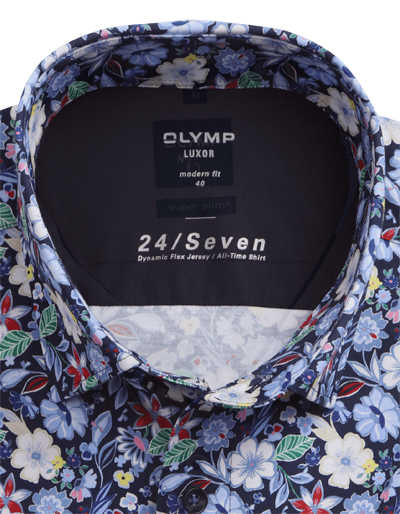 OLYMP Luxor 24/Seven modern fit Businesshemd Langarm Stretch Muster dunkelblau
