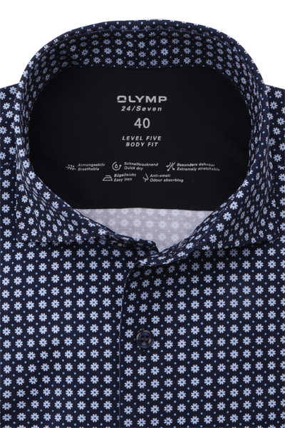 OLYMP Level Five 24/Seven body fit Hemd Langarm New Kent Kragen Muster dunkelblau