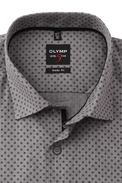 OLYMP Level Five body fit Hemd extra langer Arm Haifischkragen Muster grau