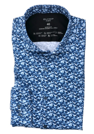 OLYMP No. Six 24/Seven super slim Hemd extra langer Arm Haifischkragen Blumenmuster blau