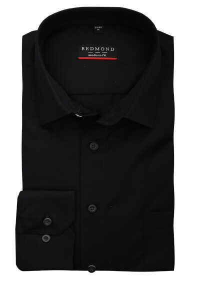 REDMOND Modern Fit Hemd Langarm New Kent Kragen Uni schwarz