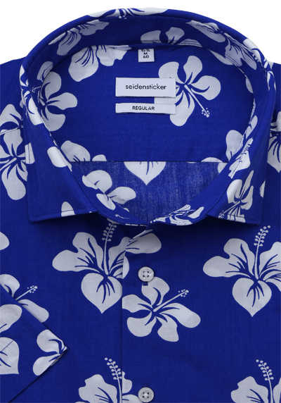 SEIDENSTICKER Regular Hemd Halbarm New Kent Kragen Muster blau