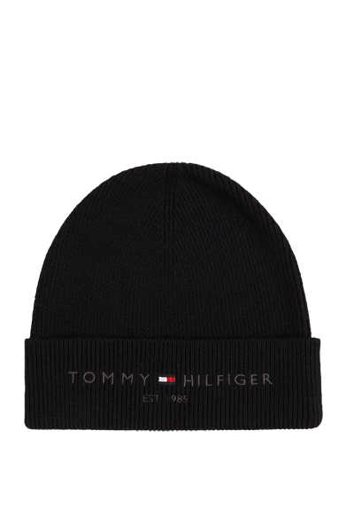 TOMMY HILFIGER Mütze Logo-Stick Umschlag Strick reine Baumwolle schwarz