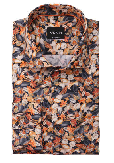 VENTI Modern Fit Hemd extra langer Arm New Kent Kragen Blumenmuster orange