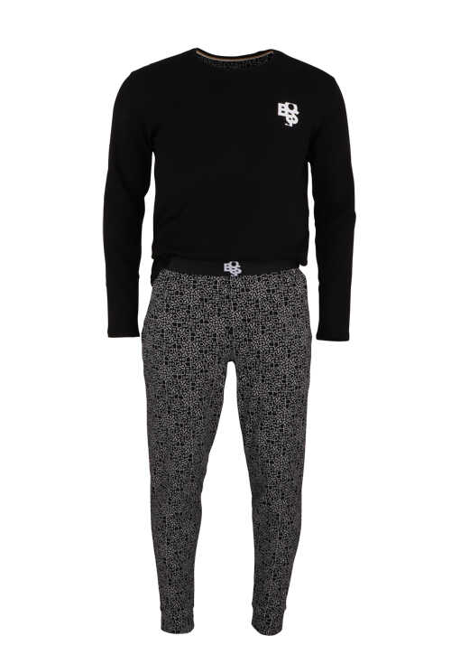 BOSS Pyjama RELAX LONG SET Langarm Gummibund Logo Muster schwarz