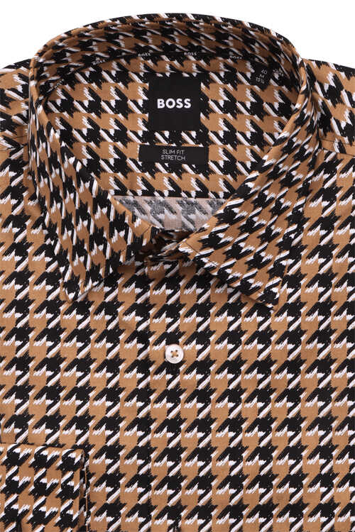 BOSS Slim Fit Hemd H-HANK Langarm New Kent Kragen Muster braun