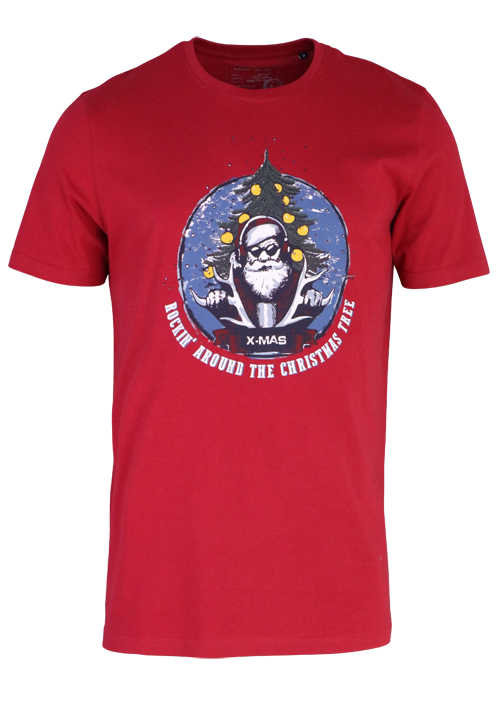 MARVELIS T-Shirt Halbarm Rundhals Weihnachts-Frontprint reine Baumwolle rot