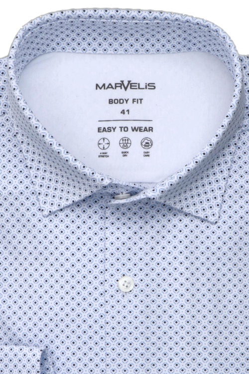 MARVELIS Body Fit Hemd Langarm Haifischkragen Stretch Jersey Muster weiß