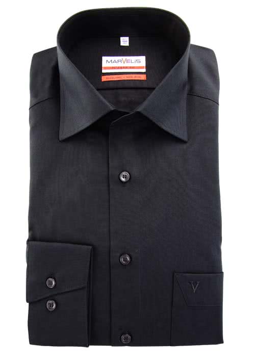 MARVELIS Modern Fit Hemd Langarm mit Brusttasche Popeline schwarz