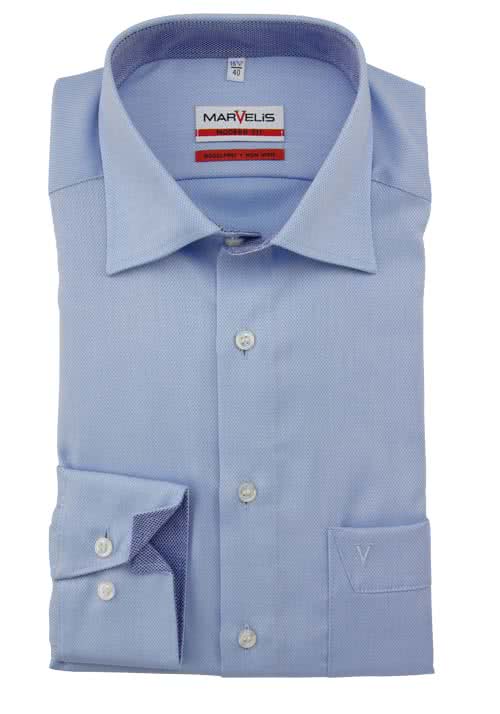 MARVELIS Modern Fit Hemd extra langer Arm mit Brusttasche Struktur hellblau